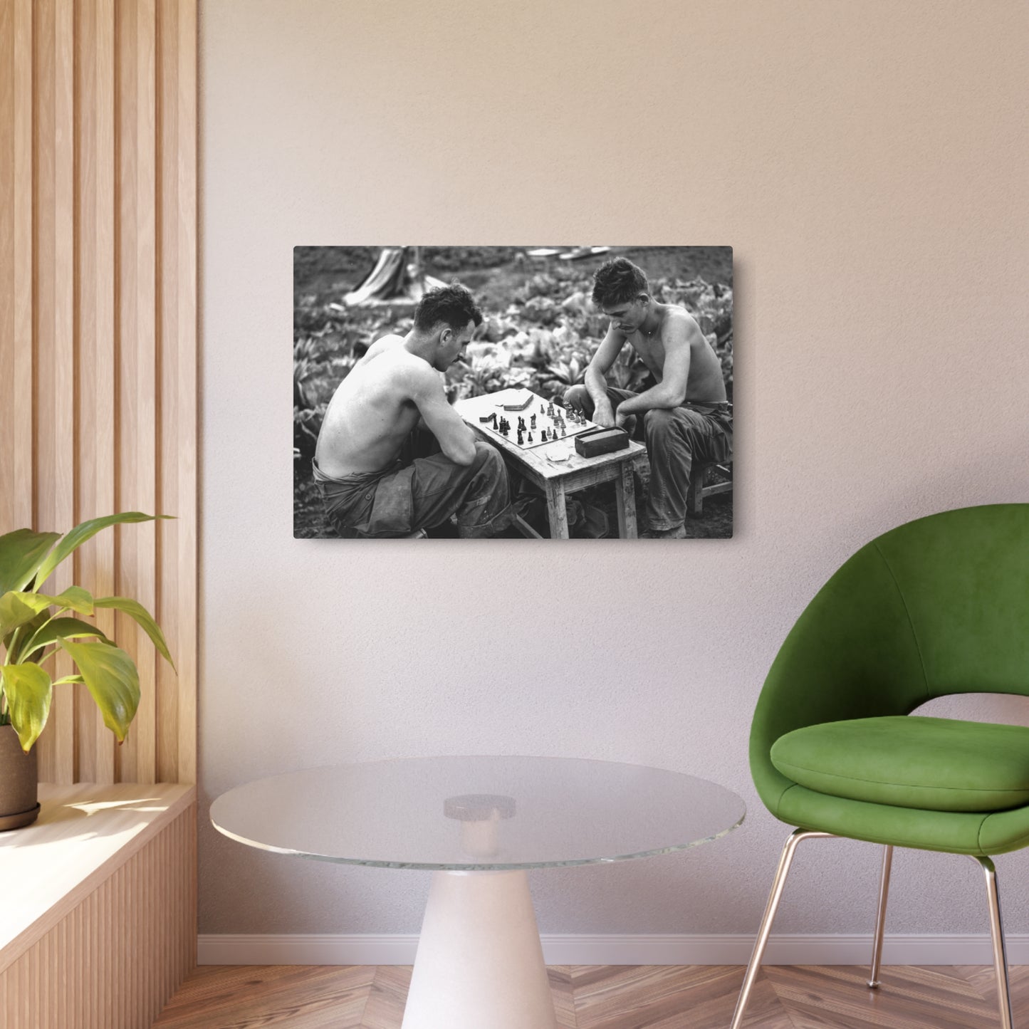 WWII Soldiers Playing Chess Metal Wall Art