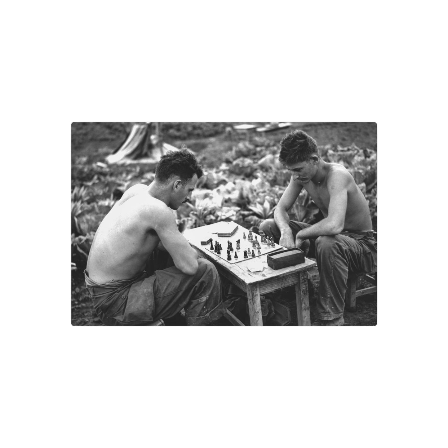 WWII Soldiers Playing Chess Metal Wall Art