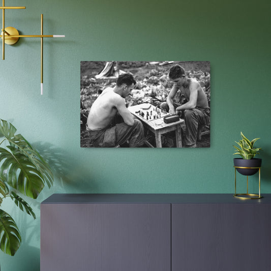 WWII Soldiers Playing Chess Metal Wall Art